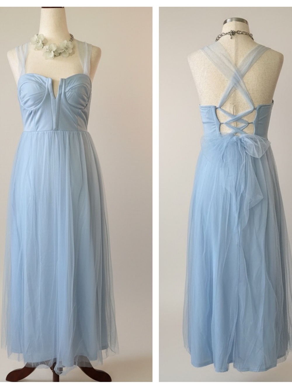 Cherley Light Blue Corset Back Tulle Midi Dress